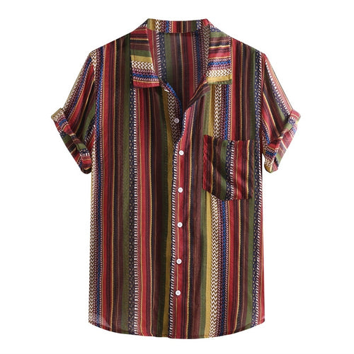 FREE OSTRICH Men's Hawaiian Shirt Men's Casual Vintage Ethnic Print Lapel Color Stripe Short Sleeve Loose Fashion Shirt 2019